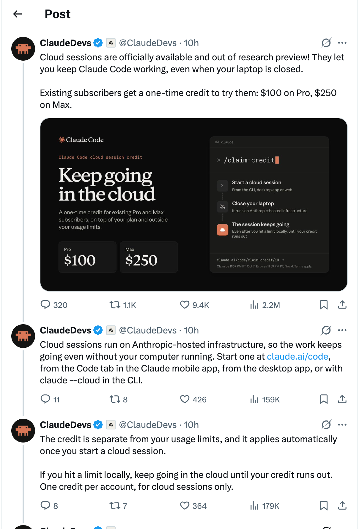 Claude Code cloud session credit announcement
